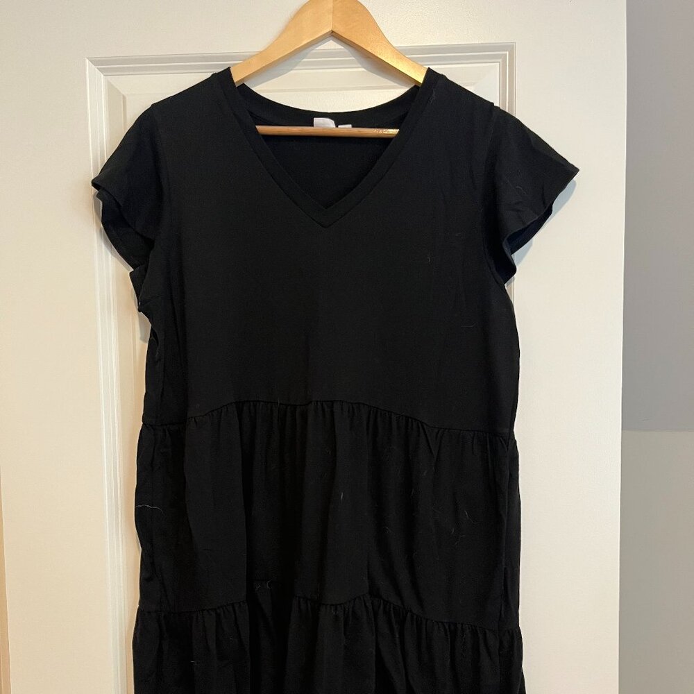 Gap V-Neck Black Tiered Cotton Dress with Pockets Size L